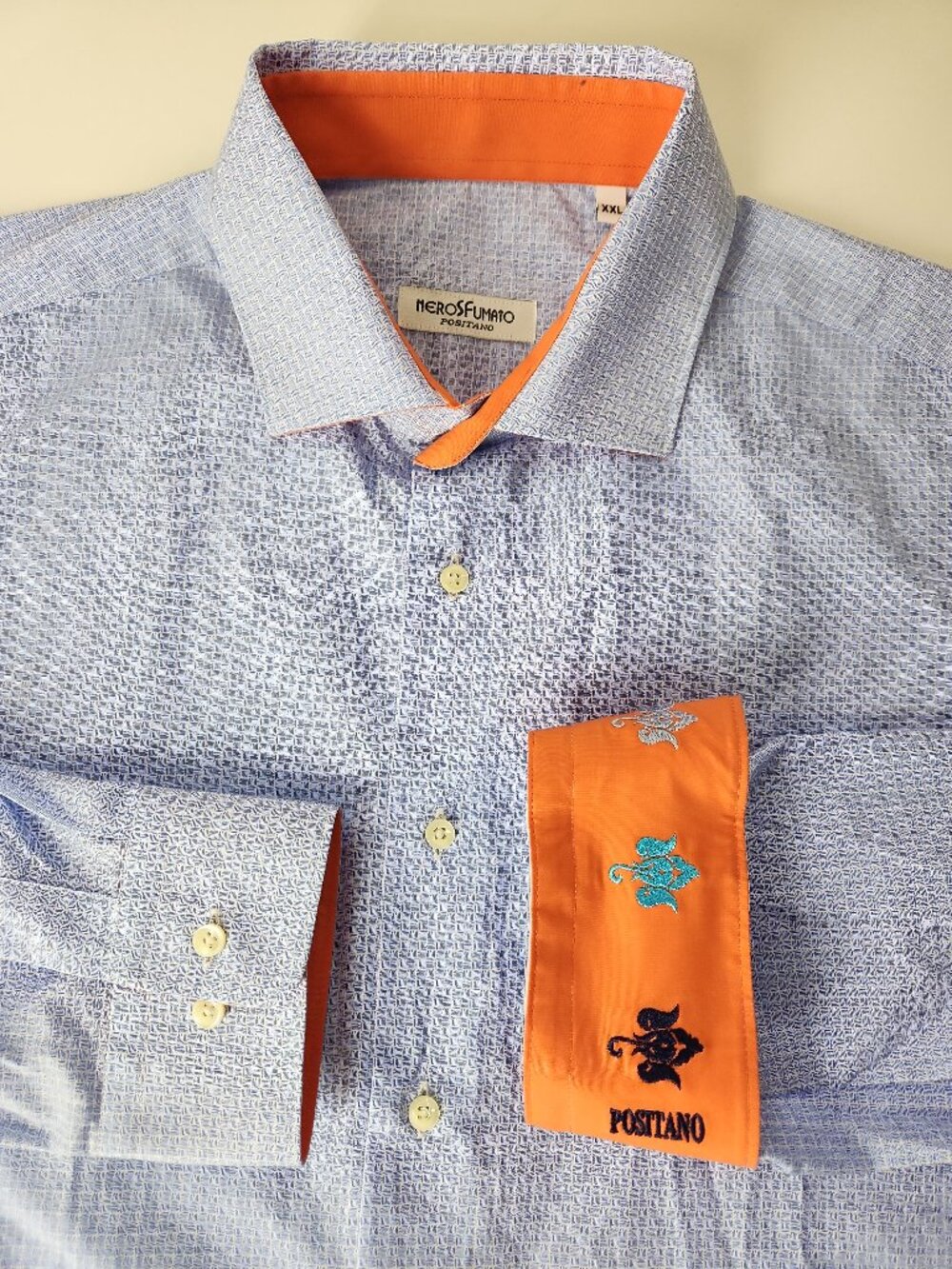 NeroSFumato Positano Shirt Blue Long Sleeve orange embroidered cuffs Men's XXL